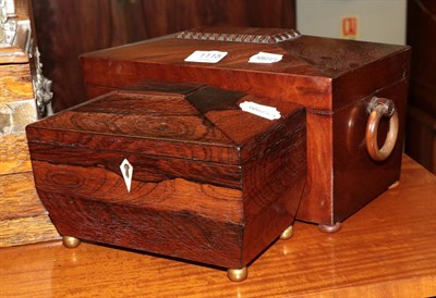 Lot 1115 - A Regency mahogany twin-compartment sarcophagus form tea caddy, together with a smaller similar...