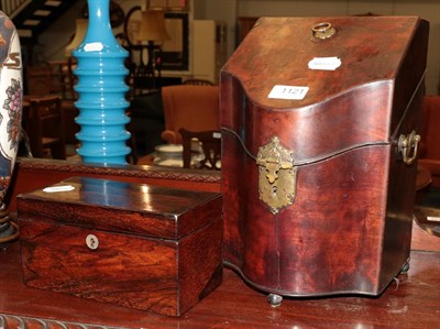 Lot 1121 - A George III mahogany knife box, together with a 19th century twin-compartment rosewood tea caddy