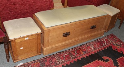 Lot 1175 - A pine box seat with studded upholstered stuffed over-seat and drawer (converted wardrobe...