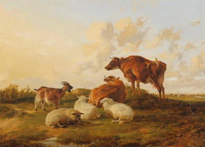 Lot 885 - Thomas Sidney Cooper RA (1803-1902) Study of cows, sheep and a goat on a sandy knoll Signed and...