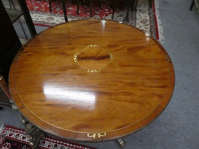 Lot 1187 - A Regency style brass inlaid pedestal breakfast table, 106cm diameter by 76cm high