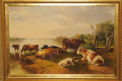 Lot 887 - After Thomas Sidney Cooper (19th century) Cattle beside a river Bearing a false signature, oil...