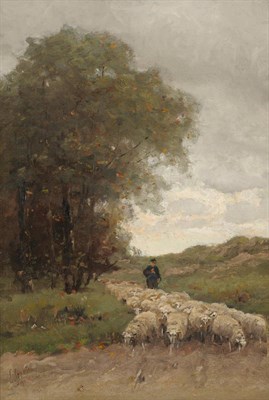 Lot 888 - Elias Stark (1849-1933) Drover and sheep on a lane Signed and indistinctly inscribed, oil on...