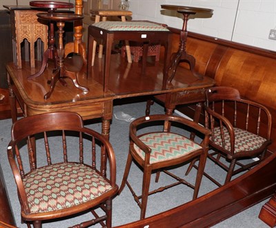 Lot 1213 - Three various horseshoe-backed chairs and a footstool, each with seats upholstered in similar...