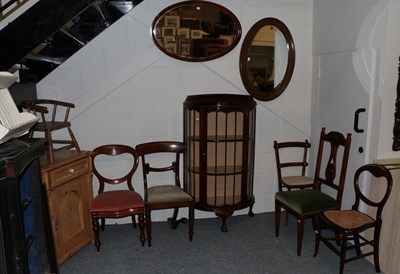Lot 1215 - A group of furniture comprising six various chairs; small pine cupboard; two painted magazine rack