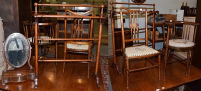 Lot 1274 - A 19th century mahogany dressing table mirror; a towel rail; and two occasional chairs (4)