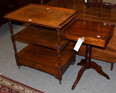Lot 1299 - A 19th century mahogany tripod table fitted with a drawer; a mahogany three-tier whatnot of similar