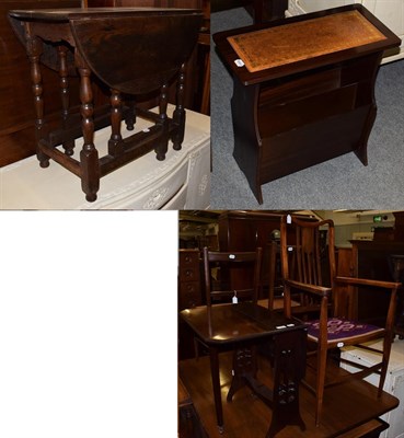 Lot 1300 - A Pembroke table, together with an Edwardian open armchair; an oak drop-leaf table; a bedstead;...