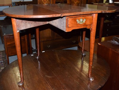 Lot 1318 - A 19th century mahogany single drawer drop-leaf table, with pad feet, 113cm (open) by 80cm by...