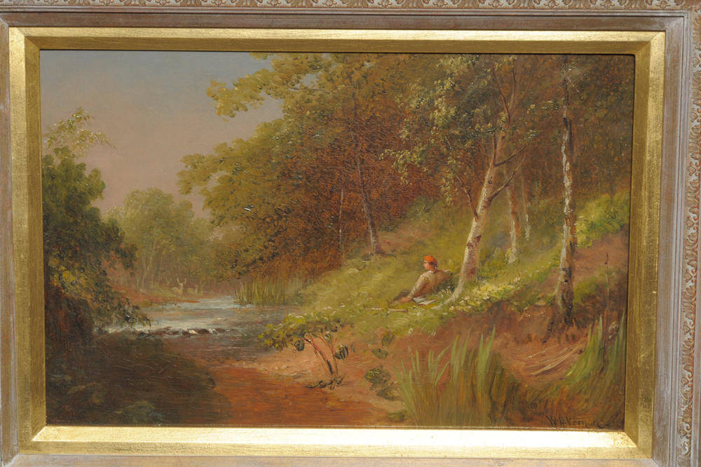 Lot 899 - William Henry Vernon ARBSA (1820-1909) Figure seated beside a riverbank Signed, oil on canvas, 31cm