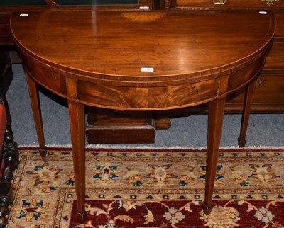 Lot 1327 - A 19th century mahogany inlaid demi lune card table, 105cm by 51cm by 74cm high