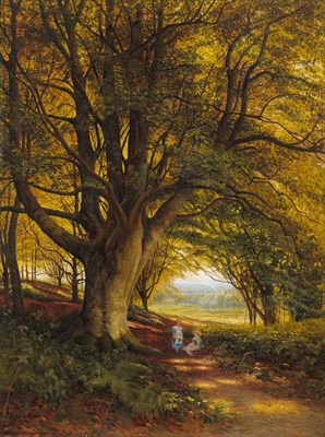 Lot 902 - Bonomi Edward Warren (fl.1860-1877) Woodland scene in summer with children on a path Signed and...