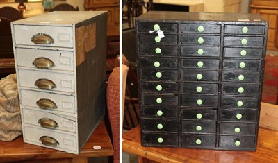 Lot 1359 - A small table-top cabinet of thirty drawers with green knobs and a part white painted six...