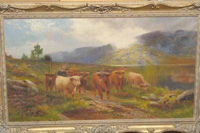 Lot 910 - Daniel Sherrin (1868-1940) Drover with Highland Cattle in a Scottish Glen Signed, oil on...