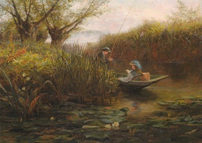 Lot 912 - James Aumonier RI (1832-1911) River Landscape with couple in a punt Signed and dated 1870,...