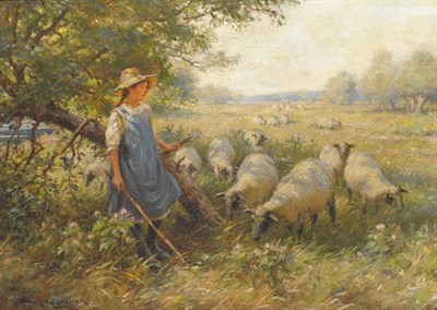 Lot 913 - William K. Blacklock ARCA (1872-1924) Landscape with a shepherdess and sheep in the shade of a tree