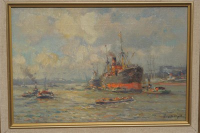 Lot 921 - Evert Moll (1878-1955) Dutch Boats in a harbour Signed, oil on canvas, 20cm by 30cm