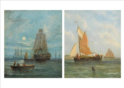 Lot 923 - William Callcott Knell (b.c.1830-1876) Fishing vessels; Figures in a row boat amongst galleons Both