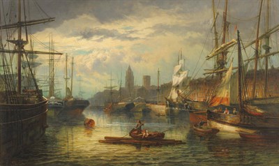 Lot 924 - William Stone (ex.1865-1875) Figures amongst sailing vessels in a port Signed, oil on canvas,...