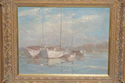 Lot 925 - Montague Webb (fl.1950-1975) Boats at anchor Signed, oil on board, 34cm by 44cm