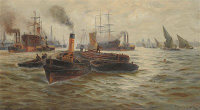 Lot 926 - Charles John de Lacy (1856-1929) Barges and other shipping on the Thames Signed, oil on canvas,...