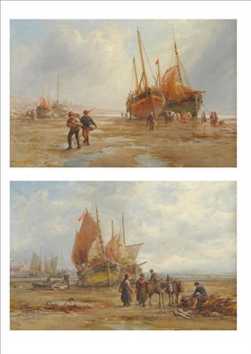 Lot 931 - William Edward Webb (1862-1903) "The Castletown Fishing Fleet Beached at Low Tide"; Beach scene...