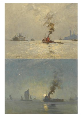 Lot 933 - Norman Wilkinson PE, PRI, ROI, RSMA, HRWS (1878-1971) Tug and other shipping off a coastline;...