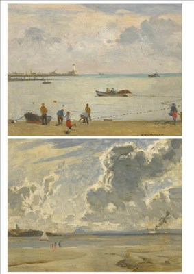 Lot 934 - Norman Wilkinson PE, PRI, ROI, RSMA, HRWS (1878-1971) Beach scene with figures, quayside and...