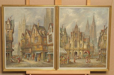 Lot 937 - J...Rousseau (19th century) Continental street scene with figures in a market place;...