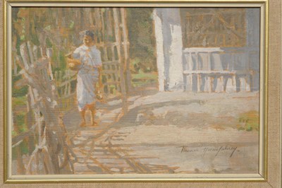 Lot 944 - Florence Humphrey (ex. 1905-1940) "A Compound in Assam" Signed, inscribed verso, oil on panel, 17cm