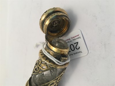 Lot 2071 - A Victorian Silver-Gilt and Enamel Mounted Engraved-Glass Double-Ended Scent-Bottle, Apparently...
