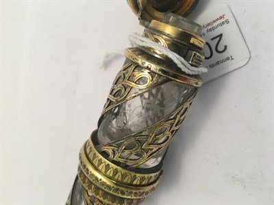 Lot 2071 - A Victorian Silver-Gilt and Enamel Mounted Engraved-Glass Double-Ended Scent-Bottle, Apparently...