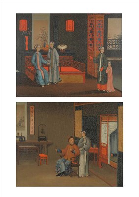 Lot 946 - Anglo-Chinese School (19th century) Interior scene with Chinese figures beside carved...