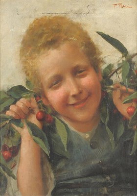 Lot 948 - Attributed to Fabio Fabbi (1861-1946) Italian Portrait of a girl holding a bunch of cherries...