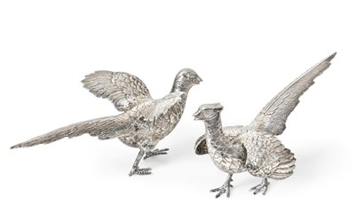 Lot 2140 - A Pair of German Silver Game Bird Ornaments, First Half 20th Century, realistically modelled as...