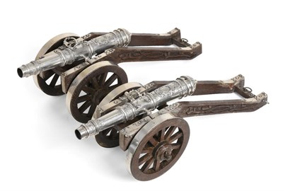 Lot 2152 - A Pair of Dutch of German Silver Model Cannon on Silver-Mounted Wood Stands, The Cannon Bearing...