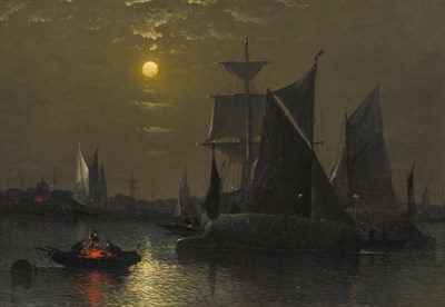 Lot 953 - Circle of Louis Timmermans (19th/20th century) French "Off Gravesend, the Rising Moon" Indistinctly