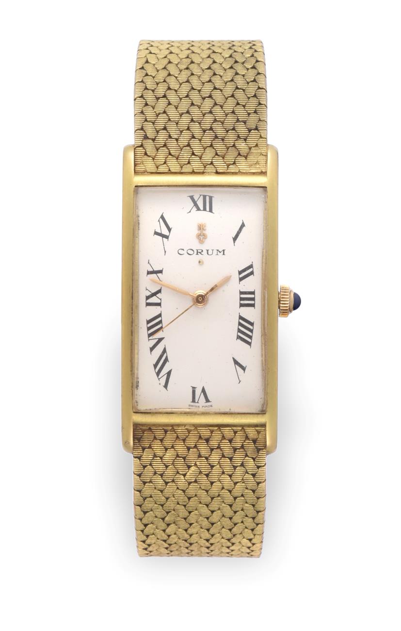 Lot 2156 - An 18 Carat Gold Automatic Centre Seconds Rectangular Wristwatch, signed Corum, 1972 lever movement