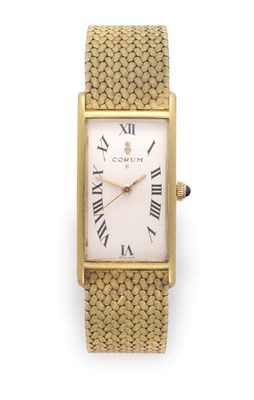 Lot 2156 - An 18 Carat Gold Automatic Centre Seconds Rectangular Wristwatch, signed Corum, 1972 lever movement