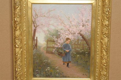 Lot 954 - Jean Paul Haag (19th century) French Young girl carrying a basket on a sunlit path in an...