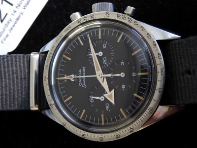 Lot 2166 - A Rare and Early Pre-Moon Stainless Steel Chronograph Wristwatch, signed Omega, model: Speedmaster