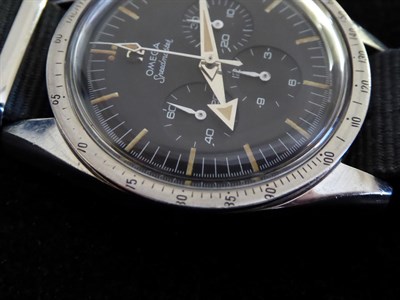 Lot 2166 - A Rare and Early Pre-Moon Stainless Steel Chronograph Wristwatch, signed Omega, model: Speedmaster