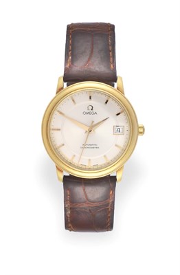 Lot 2168 - An 18 Carat Gold Automatic Calendar Centre Seconds Wristwatch, signed Omega, Chronometer, model: De
