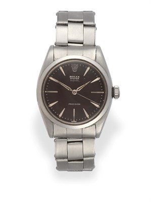 Lot 2187 - A Stainless Steel Centre Seconds Wristwatch, signed Rolex, Oyster Precision, model: Royal, ref:...