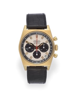 Lot 2200 - A Rare 18 Carat Gold Tonneau Shaped Automatic Calendar Chronograph Wristwatch, signed Zenith,...