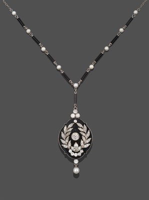Lot 2204 - An Edwardian Onyx, Cultured Pearl and Diamond Necklace, an onyx plaque overlaid with old cut...