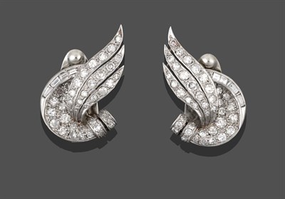 Lot 2205 - A Pair of Diamond Spray Earrings, circa 1940, the winged forms set throughout with old cut,...