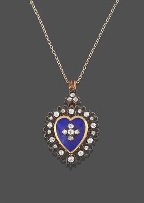 Lot 2213 - A Diamond and Enamel Pendant on Chain, the central heart shape enamelled in blue with a cream...