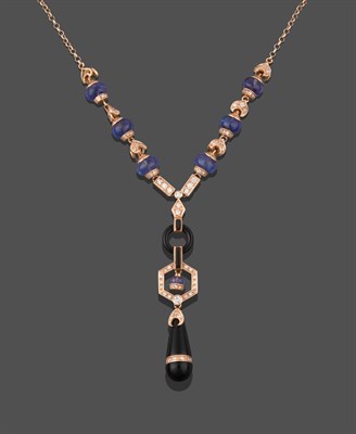 Lot 2230 - An Onyx, Sapphire and Diamond Necklace, sapphire beads alternate with round brilliant cut...