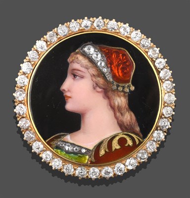 Lot 2236 - An Enamel and Diamond Brooch/Pendant, the circular plaque enamelled to depict a maiden with...